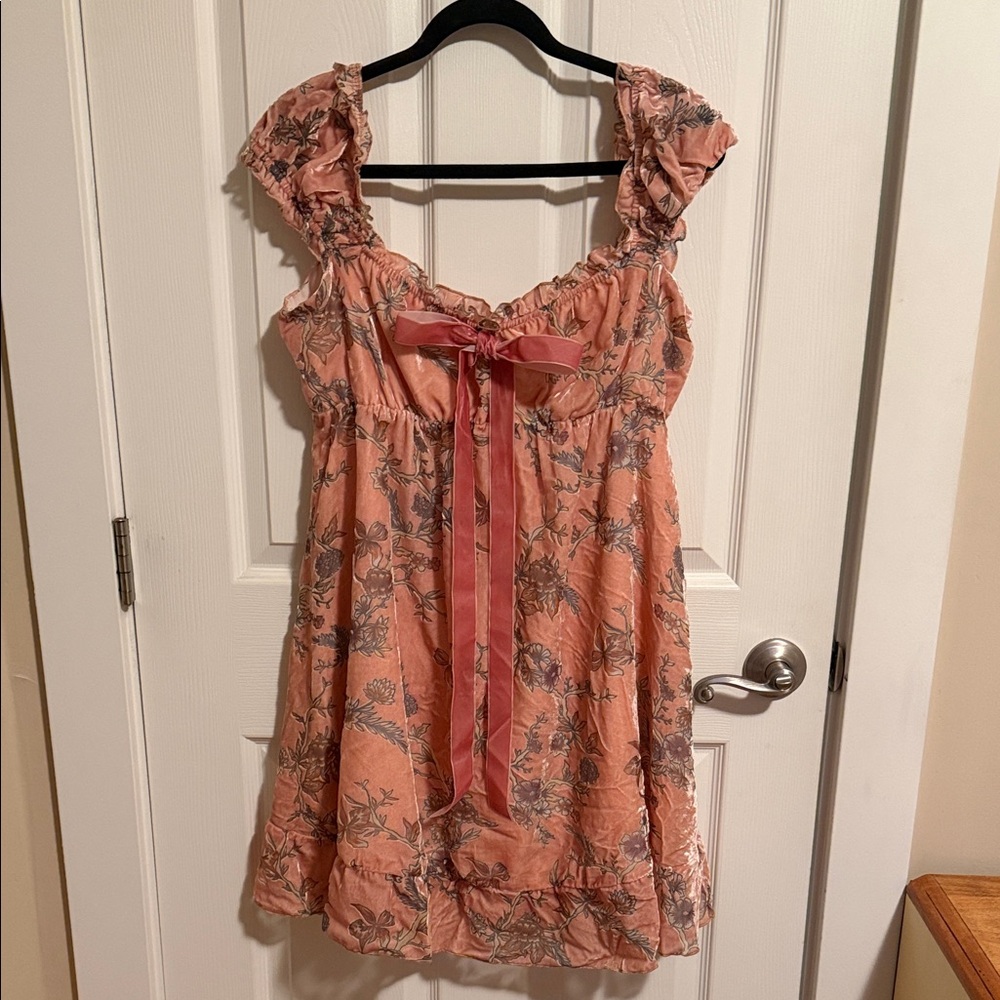 Floral Pink Velvet Babydoll Dress with Bow